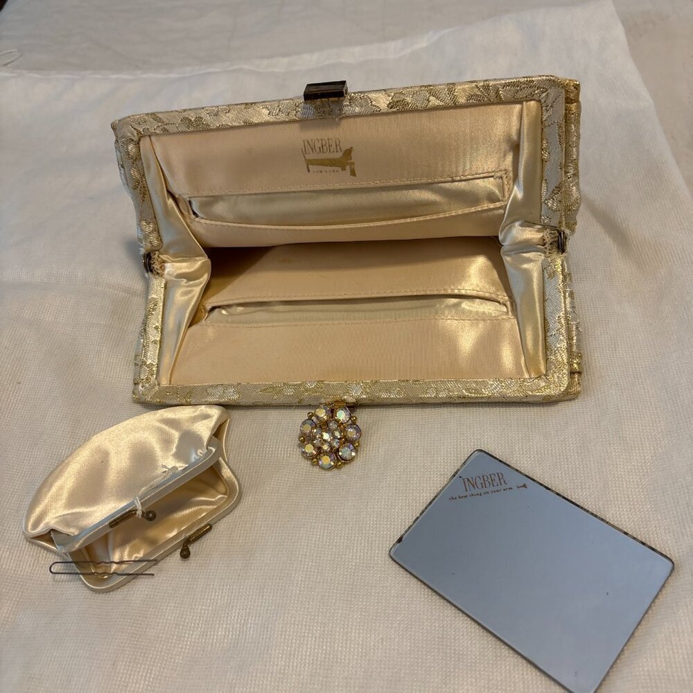 VINTAGE 1950s Ingber Gold Brocade Jeweled Clutch w Mirror Set - Picture 3 of 12